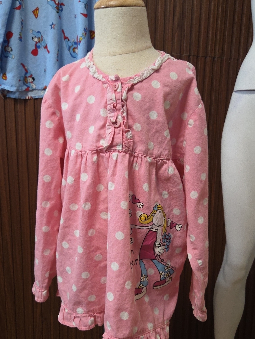 Girls' Pink Polka Dot Long-Sleeve Nightgown with Cartoon Princess Print